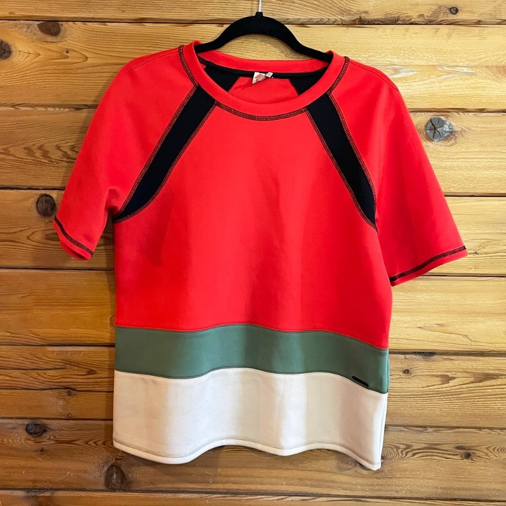 Anne Klein Womens Red Striped Short Sleeve Jewel Neck Top Small